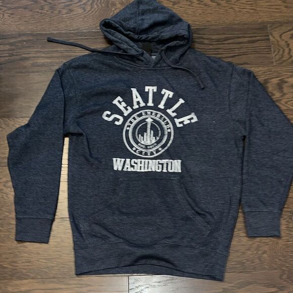 Soft Gray Fleece Seattle Washington Space Needle Hooded Hoodie Sweatshirt L - Picture 1 of 3